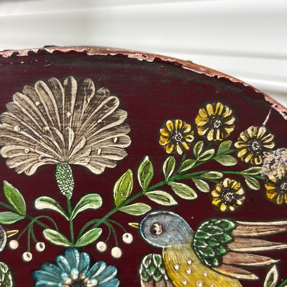 Vintage oval wood box, burgundy, hand painted, birds, flowers, PA Dutch?German? - Picture 3 of 9